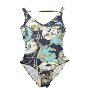 Kuny Swimwear Nautical Print Vneck Bathing Suit Size 10